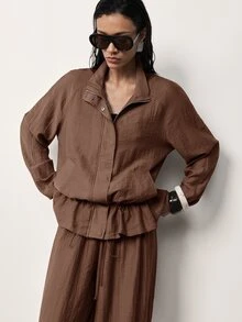 MERLEAU Women's Streetwear Button Zip Drawstring Long Sleeve Jacket - Brown - View 5