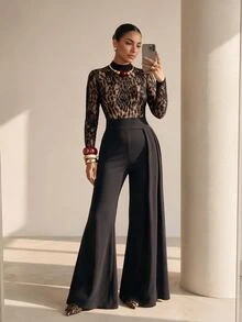 Structelle Women Lace Mock Neck Long Sleeve Jumpsuit High Waist Side Draped Flared Pants For Party Evening Elegant Fall Winter Outfit - Black - View 5