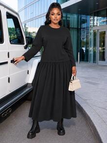 Poshavie Poshavie Plus Size Women's Casual Relaxed Dress, 2 In 1 Patchwork Design, Minimalist Elegant, Suitable For Daily Wear - Black - View 1