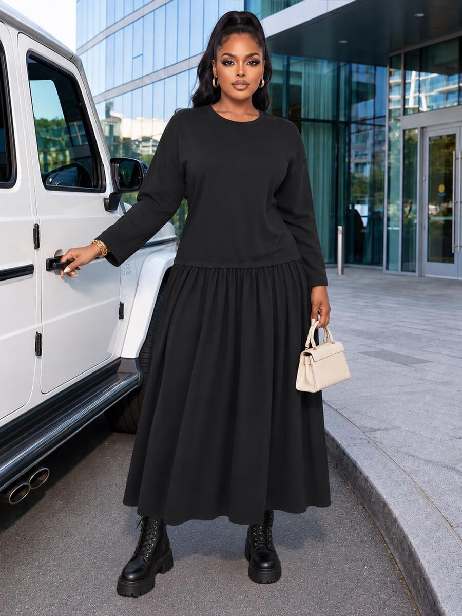 Poshavie Poshavie Plus Size Women's Casual Relaxed Dress, 2 In 1 Patchwork Design, Minimalist Elegant, Suitable For Daily Wear - Black - View 1