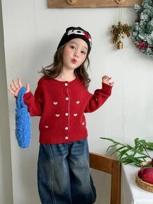 DAZY Infant/Toddler (Girl) Heart Pattern Long Sleeve Cardigan, Korean Style, Autumn/Winter - Red - View 5