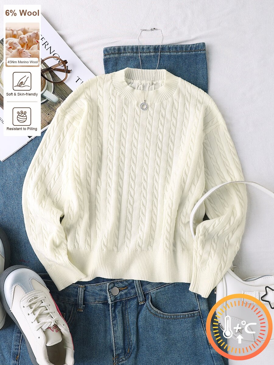 SHEIN Tween Girls Striped Colorblock Cable Knit V-Neck Lantern Sleeve Oversized Pullover Sweater, Suitable For Autumn/Winter And Outdoor Wear - Beige - View 1