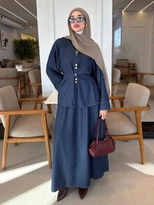 Solavon Setelan Kasual 2 Potong Wanita: Kemeja Lengan Panjang Kancing Tunggal dan Rok Warna Polos - Biru - View 5