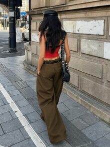 Coolane 咖啡棕編織通勤女款寬腿褲 - 咖啡棕 - 查看 8