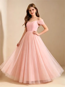 Four Seasons 畢業季婚禮花童優雅舞會禮服，學院風女童洋裝，粉色薄紗裙襬搭配亮面緞面細肩帶上衣，大女孩晚宴派對洋裝，女童開學時尚蓬蓬裙，假日公主裙 - 粉色 - 查看 3
