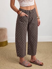 SHEIN PETITE 女款時尚提花鈕扣口袋牛仔短褲 - 咖啡棕 - 查看 6