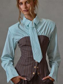 MUSERA Kemeja dengan Detail Ikat Pinggang dan Pinggang Ramping Warna Kontras untuk Musim Gugur dan Musim Dingin, Cocok untuk Sehari-hari, Kasual, untuk Acara Santai, Gaya Gadis Keren, Festival, dan Pesta. - Coklat - View 3