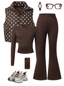 SHEIN Genkimix Kids 3Pcs/Set Tween Girls Casual Quilted Vest & Long Sleeve Slim Fit T-Shirt & V-Waist Pants Set - Brown - View 1