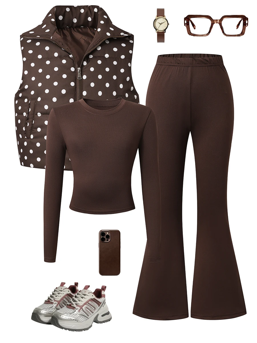 SHEIN Genkimix Kids 3Pcs/Set Tween Girls Casual Quilted Vest & Long Sleeve Slim Fit T-Shirt & V-Waist Pants Set - Brown - View 1