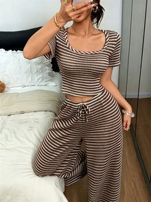 Napfluff Women's Knit Striped Casual Wide Leg Pajama Set - Brown - View 7