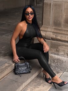 SHEIN SXY 女款掛脖V領性感修身拉鍊連身褲 - 黑色 - 查看 4