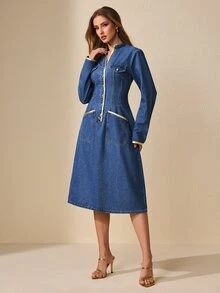 Selenza Women's Elegant Intellectual Commute Business Long Sleeve Short Gold Ribbon Denim Dress - Dark Wash - View 4