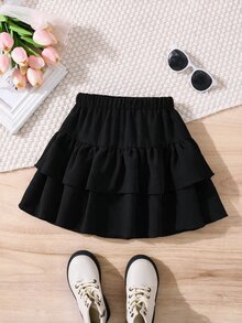 Young Girl Fashion Versatile Woven Solid Color Pleated Fitted Casual Skirt - Black - View 2