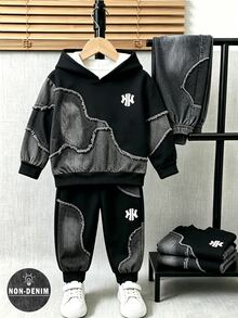 2件組小男孩時尚簡約舒適連帽衫與運動長褲套裝，酷炫幾何拼接滿版印花設計，英文字母印花，適合假期派對聚會，休閒舒適，男孩春秋冬季首選，街頭風，返校派對休閒穿搭 - 彩色 - 查看 3
