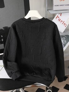SHEIN 青少年男孩圓領長袖幾何紋理布料休閒運動衫 - 黑色 - 查看 2