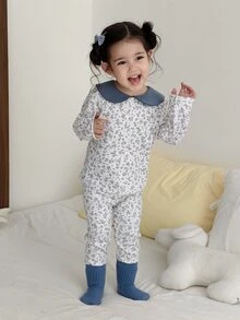 DAZY Infant Girl Peter Pan Collar Casual All-Over Print Long Sleeve Korean Style Loungewear - Blue and White - View 8