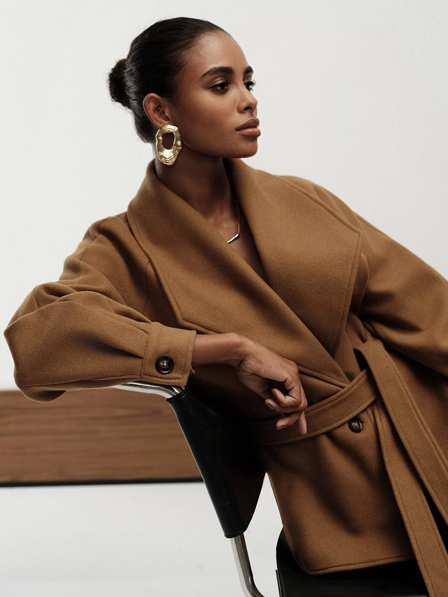 Aveloria Modichic Women Overcoat Oversized Wrap Woolen Wide Lapel Belted Raglan Lantern Sleeve Elegant Camel Solid Camel Coat Office Outfit Minimalist Thanksgiving - Brown - View 1