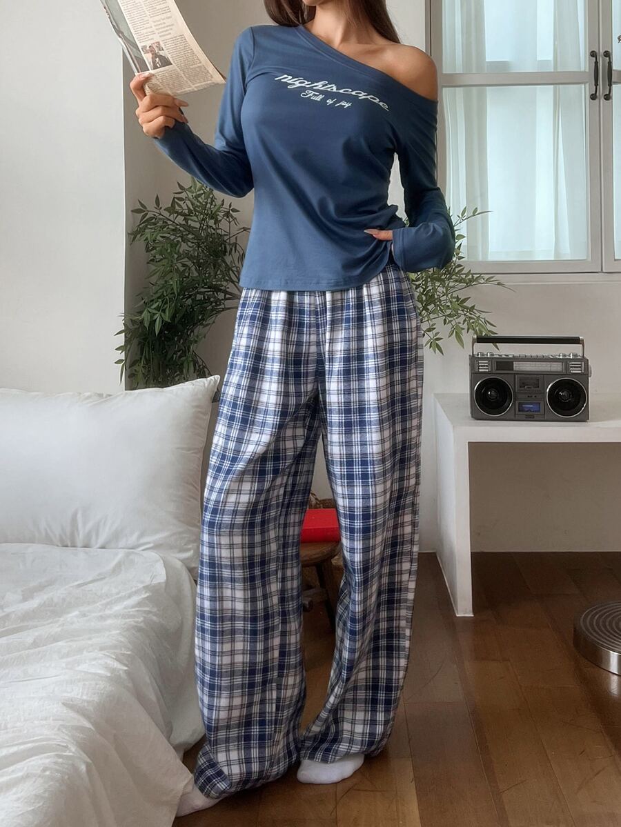 DAZY Women's Letter Print Asymmetric Shoulder Long Sleeve Top And Plaid Pants Pajama Set - Blue - View 1