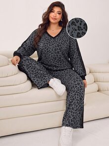 SHEIN EZwear 女款大尺碼V領長袖豹紋上衣與長褲兩件套 - 彩色 - 查看 3