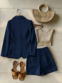 SHEIN Franclia Women's Solid Color Long Sleeve Jacket And Shorts Suit Set - Navy Blue - View 2