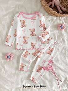 Newborn Baby Girl Cute Cartoon & Floral Pattern Long Sleeve Loungewear Set Autumn - Multicolor - View 7