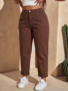 Slaydiva Plus Size Women Solid Color Fashion Casual Versatile Jeans - Coffee Brown - View 4