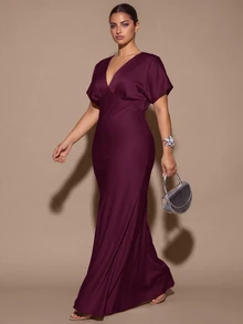 SHEIN BAE CURVE V-Neck Batwing Sleeve Solid Color Mermaid Dress - Maroon - View 3