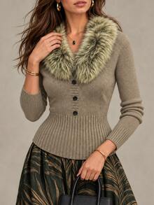 SHEIN Áo len chui đầu nữ dáng ôm cổ lông xù phối patchwork cài nút tay dài phong cách thường ngày cho mùa thu/đông - Màu Khaki - Xem 4