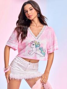 My Little Pony X SHEIN ملابس علوية نسائية كاجوال للارتداء اليومي بتصميم دانتيل مرقع وطبعة كرتونية - وردي - مشاهدة 6