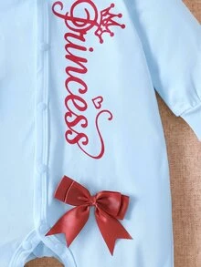 SHEIN 2件組新生女嬰連身衣帽子套裝 可愛公主風 淺藍色字母印花 蝴蝶結連腳長袖圓領 加厚款 派對家庭秋季穿著 - 淺藍色 - 查看 7