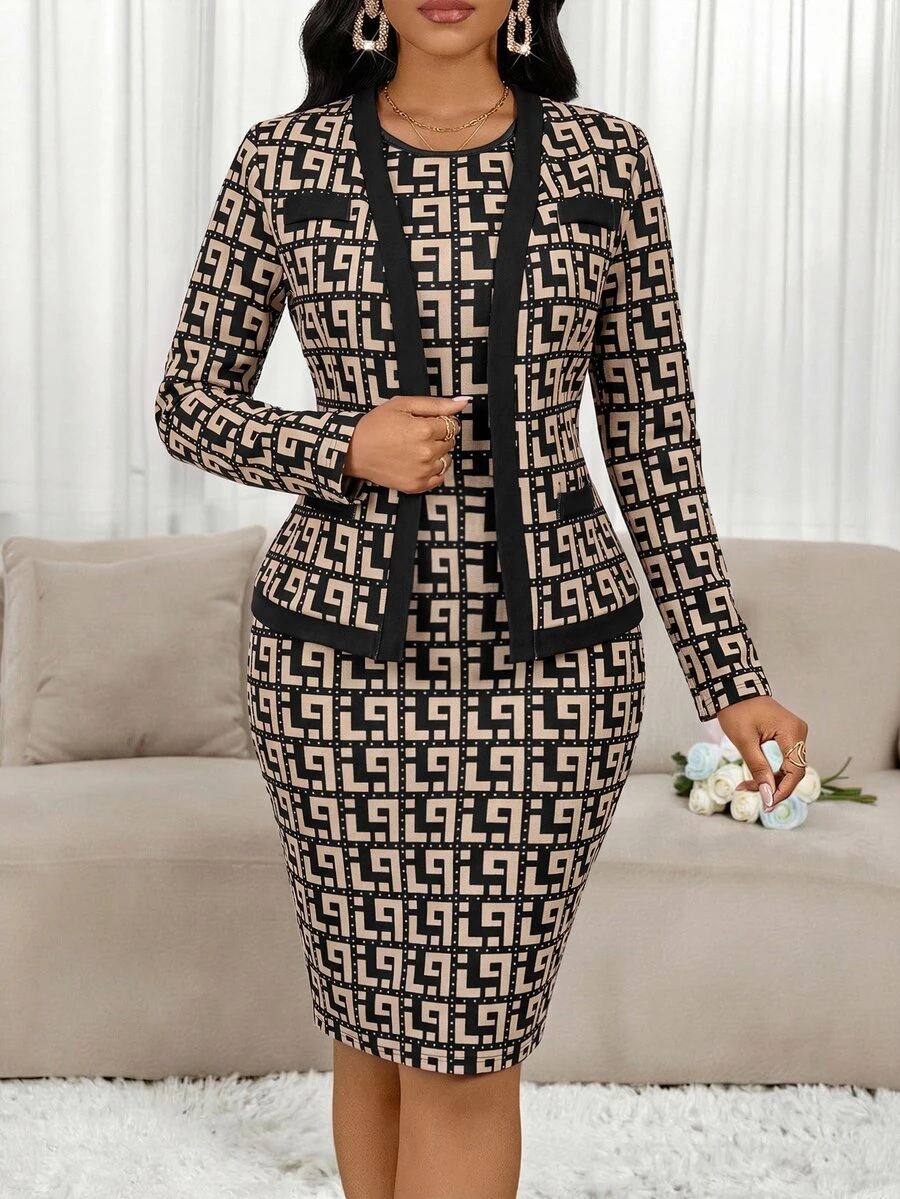 SHEIN Lady Women's All-Over Print Dress And Long Sleeve Cardigan Casual Daily 2 Pieces Set - Black and White - View 1