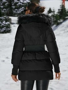 SHEIN Padded Coat With Furry Hood And Adjustable Waist, Two Side Pockets, Thick And Fashionable Puffer Jacket, Quilting Details - Black - View 2
