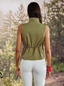 Exploreva Women's Solid Color Utility Pocket Casual Drawstring Waist Outdoor Vest Jacket - Army Green - View 2