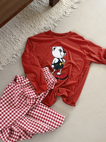 DAZY 2pcs/Set Women's Cartoon Bear Pattern Loose Long Sleeve T-Shirt & Plaid Straight Leg Long Pajama Pants Loungewear Set