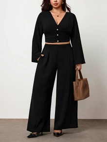 Truni Plus-Size Women's Elegant V-Neck Fitted Top And Trousers SetPear Body,Triangle Body - Black - View 7