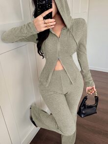 Feyla 女款街頭風拉鍊長袖連帽衛衣與口袋長褲兩件套 - 綠色 - 查看 6