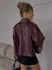 SHEIN CURVE+ Plus Size Double Breasted Lapel Pocket Long Sleeve Cropped PU Jacket Winter - Rust Brown - View 3