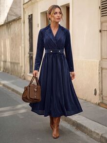 Faunlyn Women's Vintage Elegant Waist Button Decor Striped Print Long Sleeve Midi Dress - Blue - View 6