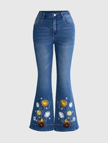 ROMWE Fairycore Hippie Embroidered Low Waist Elastic Casual Flare Jeans For Women - Medium Wash - View 1