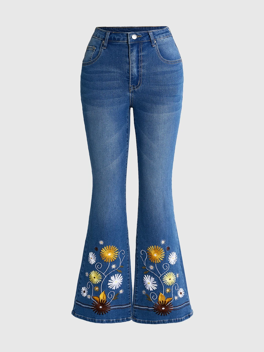 ROMWE Fairycore Hippie Embroidered Low Waist Elastic Casual Flare Jeans For Women - Medium Wash - View 1