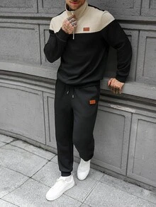 Manfinity Homme 新款男士半拉鍊立領休閒套裝，米色與黑色拼接設計，3D紋理提花面料，寬鬆版型衛衣搭配錐形長褲，適合通勤日常運動，年輕與中年男士穿著的2件式套頭衛衣套裝 - 黑色 - 查看 3