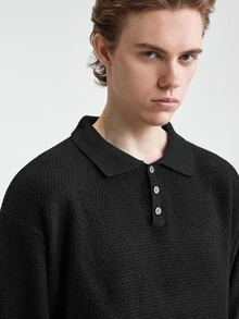 RONVEXI Men's Black Autumn Casual Basic Smart Casual Smart Office Solid Color Minimalist Zip-Up Long Sleeve Cashmere Sweater Buttoned Knitted Polo Neck - Black - View 7