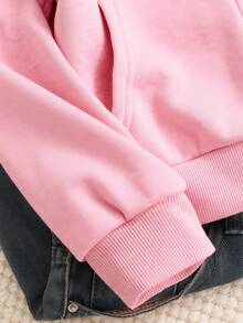 SHEIN Sparklyn 秋冬女款連帽拉鍊外套 混搭街頭風休閒圖案 防寒針織面料 寬鬆版型 校園學生風 黑粉配色 - 粉色 - 查看 4