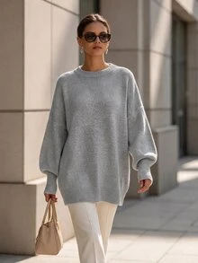 SHEIN Sweater Wanita Warna Polos Minimalis Serbaguna Lengan Panjang untuk Pemakaian Sehari-hari - Grey - View 5
