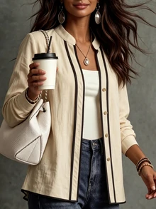 LUMIGAL Women's Elegant Casual Daily Colorblock V-Neck Button-Up Long Sleeve Loose Textured Regular Fit Thin Jacket - Multicolor - View 11