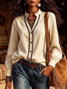 LUMIGAL Women's Elegant Casual Daily Colorblock V-Neck Button-Up Long Sleeve Loose Textured Regular Fit Thin Jacket - Multicolor - View 8