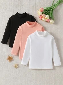 3件組女童加厚抓絨長袖圓領上衣，秋冬內搭保暖底衫 - 彩色 - 查看 1