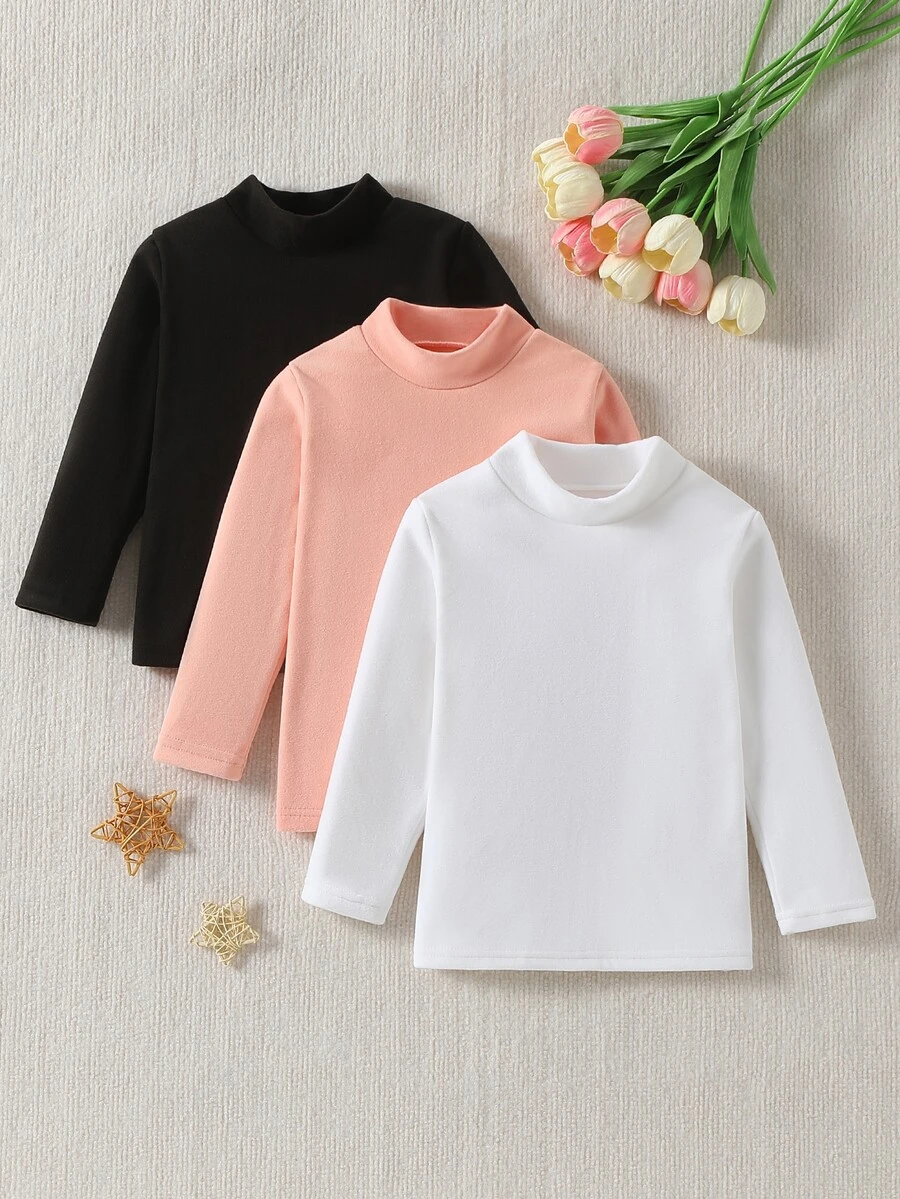 3件組女童加厚抓絨長袖圓領上衣，秋冬內搭保暖底衫 - 彩色 - 查看 1