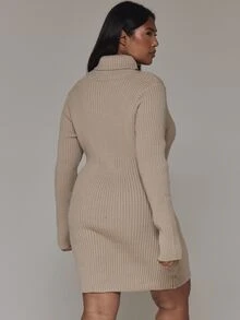 MUSERA Plus Size Beige Ribbed Turtleneck Knit Mini Sweater Dress Spring Summer Casual Everyday Day Outfit Going Out - Camel - View 5