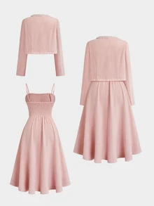Sweetra Plus Size Women Solid Color Spaghetti Strap Dress And Long Sleeve Cardigan Set - Baby Pink - View 2